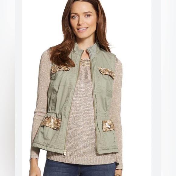 🌻Chico's Army Green Gold Sequins Utility Vest Womens Size XL/16 | Chicos… - Picture 1 of 12